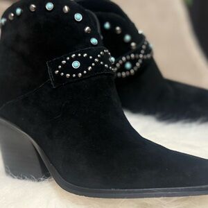 Jessica Simpson Black Suede Ankle Boots with Turquoise Studs